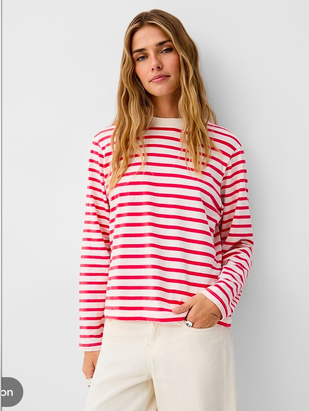 Zara Red and Cream Striped Crewneck Top